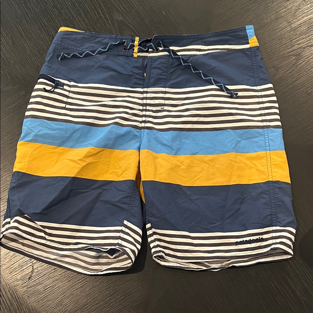 Patagonia Men's Swim Shorts - Navy, Yellow, and White Stripes